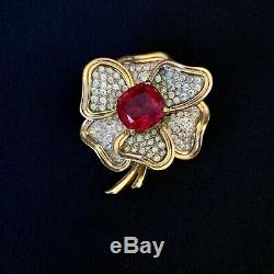 Vintage Jomaz Joseph Mazer Pink Glass Rhinestone Flower Brooch Pin