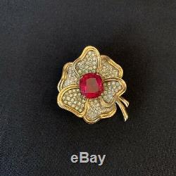 Vintage Jomaz Joseph Mazer Pink Glass Rhinestone Flower Brooch Pin