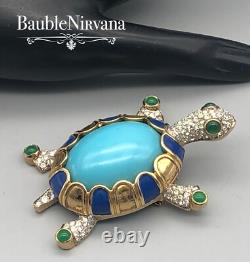 Vintage Jomaz Turtle Pin Brooch Large Blue&Green Cabochon Enamel Rhinestones