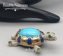 Vintage Jomaz Turtle Pin Brooch Large Blue&Green Cabochon Enamel Rhinestones