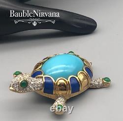 Vintage Jomaz Turtle Pin Brooch Large Blue&Green Cabochon Enamel Rhinestones