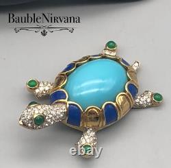 Vintage Jomaz Turtle Pin Brooch Large Blue&Green Cabochon Enamel Rhinestones