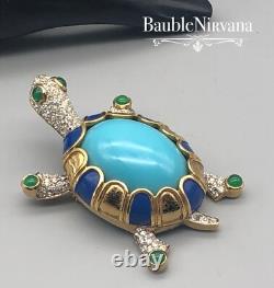 Vintage Jomaz Turtle Pin Brooch Large Blue&Green Cabochon Enamel Rhinestones