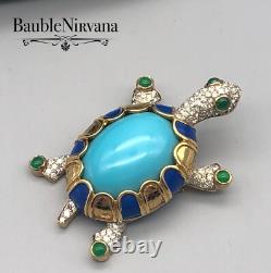 Vintage Jomaz Turtle Pin Brooch Large Blue&Green Cabochon Enamel Rhinestones