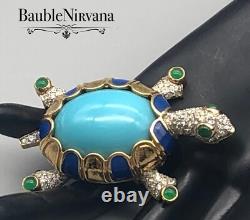 Vintage Jomaz Turtle Pin Brooch Large Blue&Green Cabochon Enamel Rhinestones