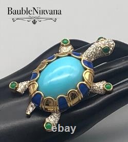 Vintage Jomaz Turtle Pin Brooch Large Blue&Green Cabochon Enamel Rhinestones