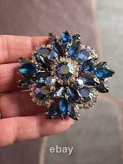 Vintage Juliana Blue & Aurora Borealis AB Crystal Glass Rhinestone Pin Brooch