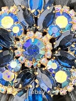 Vintage Juliana Blue & Aurora Borealis AB Crystal Glass Rhinestone Pin Brooch
