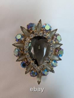 Vintage Juliana Blue Gray & AB Rhinestone Teardrop Brooch Gorgeous 2 1/4 X 1 7/8
