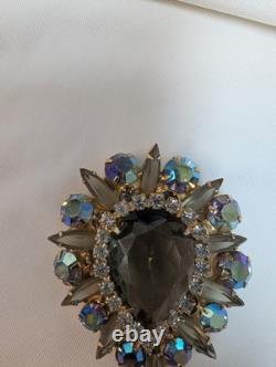 Vintage Juliana Blue Gray & AB Rhinestone Teardrop Brooch Gorgeous 2 1/4 X 1 7/8
