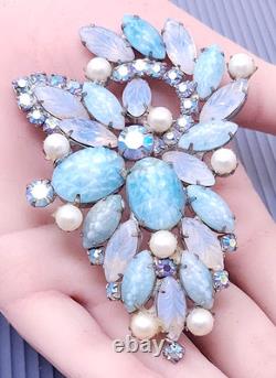 Vintage Juliana Blue Rhinestone Cabachon Silver tone Large Brooch