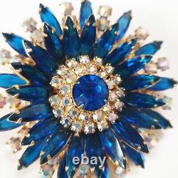 Vintage Juliana Book Piece Starburst Flower Brooch Navy Blue Rhinestone Pin Sun