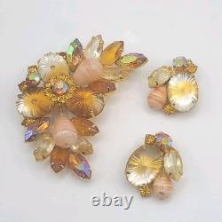 Vintage Juliana Brooch Earrings Set Pillowcase Rhinestone Orange Clip Ons READ