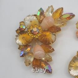 Vintage Juliana Brooch Earrings Set Pillowcase Rhinestone Orange Clip Ons READ