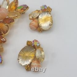 Vintage Juliana Brooch Earrings Set Pillowcase Rhinestone Orange Clip Ons READ
