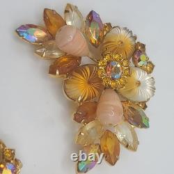 Vintage Juliana Brooch Earrings Set Pillowcase Rhinestone Orange Clip Ons READ