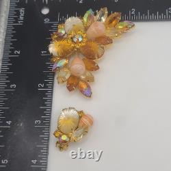 Vintage Juliana Brooch Earrings Set Pillowcase Rhinestone Orange Clip Ons READ