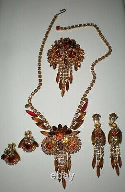 Vintage Juliana Brown Rhinestone Owl Parure Necklace Brooch Earrings
