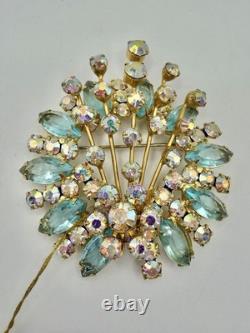 Vintage Juliana D&E Aquamarine Blue AB Rhinestone Spray Brooch Unmarked