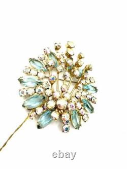 Vintage Juliana D&E Aquamarine Blue AB Rhinestone Spray Brooch Unmarked