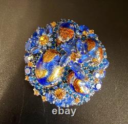 Vintage Juliana D&E Blue Gold Fluss Art Glass Rhinestone Brooch RARE Book Piece