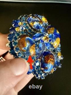 Vintage Juliana D&E Blue Gold Fluss Art Glass Rhinestone Brooch RARE Book Piece