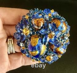 Vintage Juliana D&E Blue Gold Fluss Art Glass Rhinestone Brooch RARE Book Piece