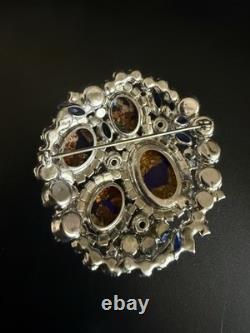 Vintage Juliana D&E Blue Gold Fluss Art Glass Rhinestone Brooch RARE Book Piece