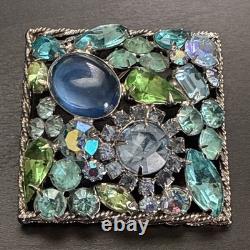 Vintage Juliana D&E Blue Green Rhinestone Art Glass Square Brooch Unsigned