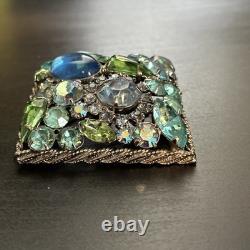 Vintage Juliana D&E Blue Green Rhinestone Art Glass Square Brooch Unsigned