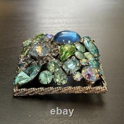 Vintage Juliana D&E Blue Green Rhinestone Art Glass Square Brooch Unsigned