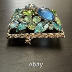 Vintage Juliana D&E Blue Green Rhinestone Art Glass Square Brooch Unsigned