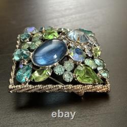 Vintage Juliana D&E Blue Green Rhinestone Art Glass Square Brooch Unsigned