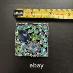 Vintage Juliana D&E Blue Green Rhinestone Art Glass Square Brooch Unsigned