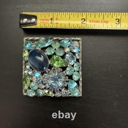 Vintage Juliana D&E Blue Green Rhinestone Art Glass Square Brooch Unsigned