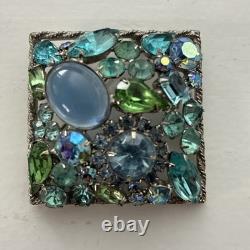 Vintage Juliana D&E Blue Green Rhinestone Art Glass Square Brooch Unsigned