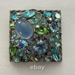 Vintage Juliana D&E Blue Green Rhinestone Art Glass Square Brooch Unsigned