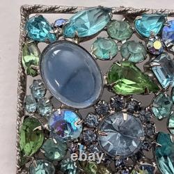 Vintage Juliana D&E Blue Green Rhinestone Art Glass Square Brooch Unsigned