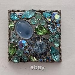 Vintage Juliana D&E Blue Green Rhinestone Art Glass Square Brooch Unsigned