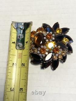 Vintage Juliana D&E Brooch Autumn Amber Brown Rhinestone Flower Pin