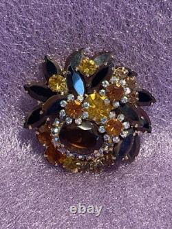 Vintage Juliana D&E Brooch Autumn Amber Brown Rhinestone Flower Pin