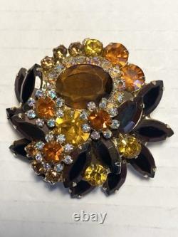 Vintage Juliana D&E Brooch Autumn Amber Brown Rhinestone Flower Pin