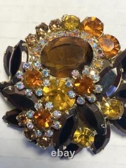 Vintage Juliana D&E Brooch Autumn Amber Brown Rhinestone Flower Pin