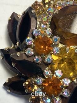 Vintage Juliana D&E Brooch Autumn Amber Brown Rhinestone Flower Pin
