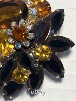 Vintage Juliana D&E Brooch Autumn Amber Brown Rhinestone Flower Pin