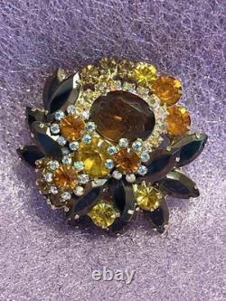 Vintage Juliana D&E Brooch Autumn Amber Brown Rhinestone Flower Pin