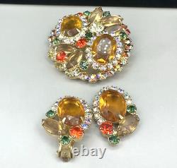 Vintage Juliana D&E Citrine AB Rhinestone Brooch Pin Clip On Earrings -READ