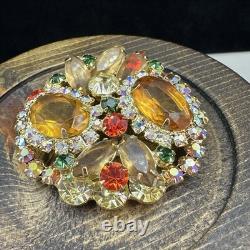 Vintage Juliana D&E Citrine AB Rhinestone Brooch Pin Clip On Earrings -READ