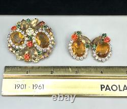 Vintage Juliana D&E Citrine AB Rhinestone Brooch Pin Clip On Earrings -READ