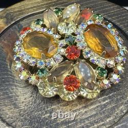 Vintage Juliana D&E Citrine AB Rhinestone Brooch Pin Clip On Earrings -READ